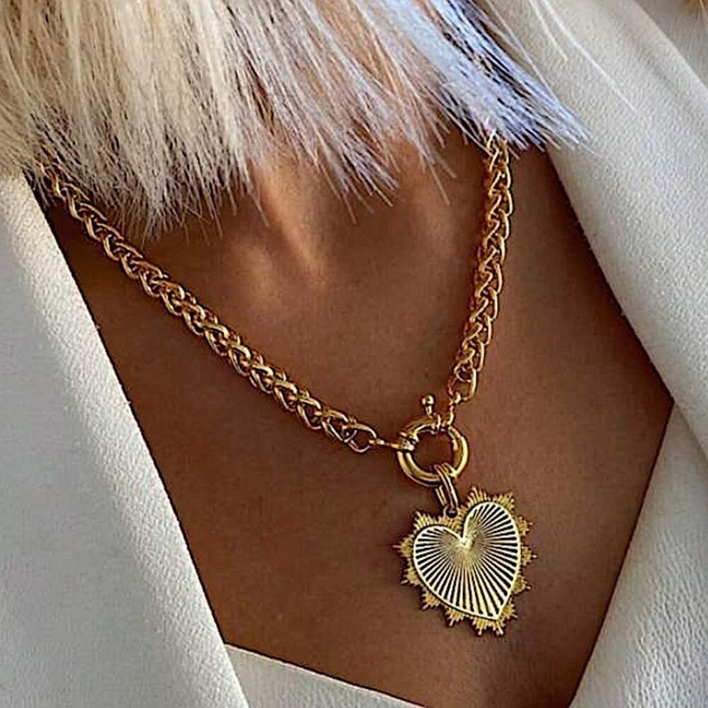 Gold Luxe Heart Statement Necklace Chunky Oversized